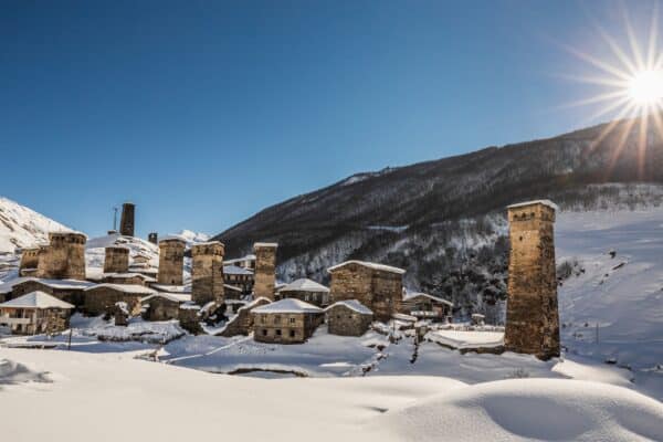 Mestia in Georgia in winter in the sunshine.