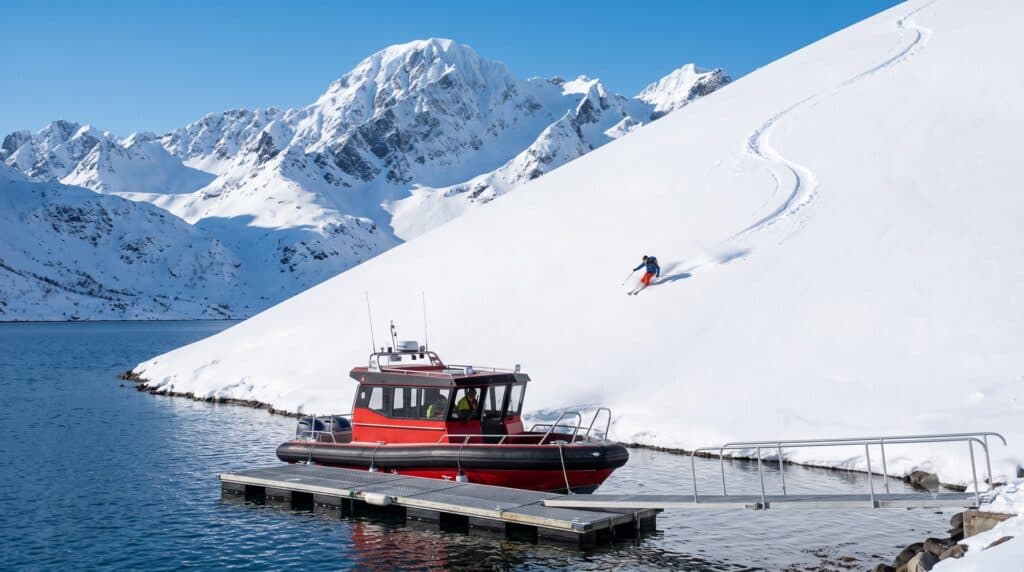 Skiing right down to the fjord in Finnmark.