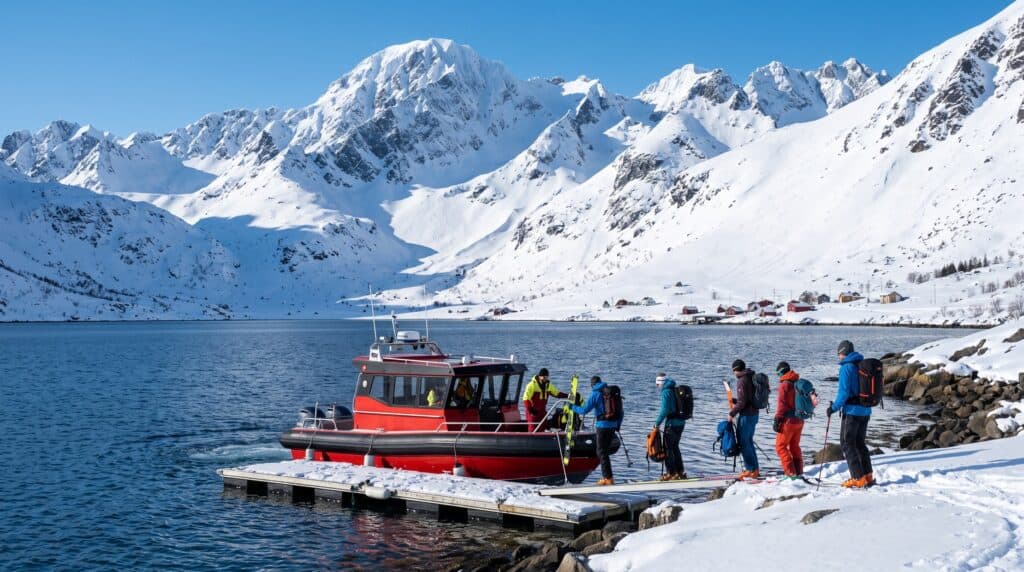 A ski touring group arrives at the boat on the fjord in Finnmark.