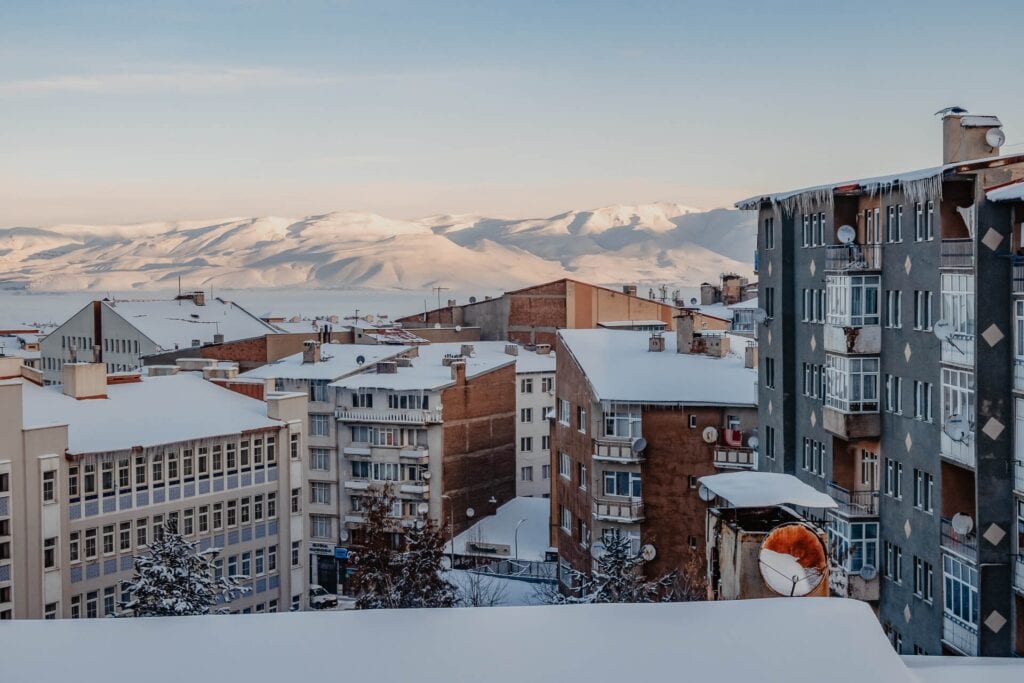 A snow-covered town in Turkey